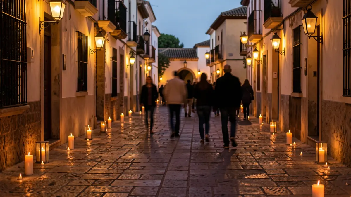 Imagen genérica de una calle de pueblo mediterráneo iluminada por velas al atardecer.