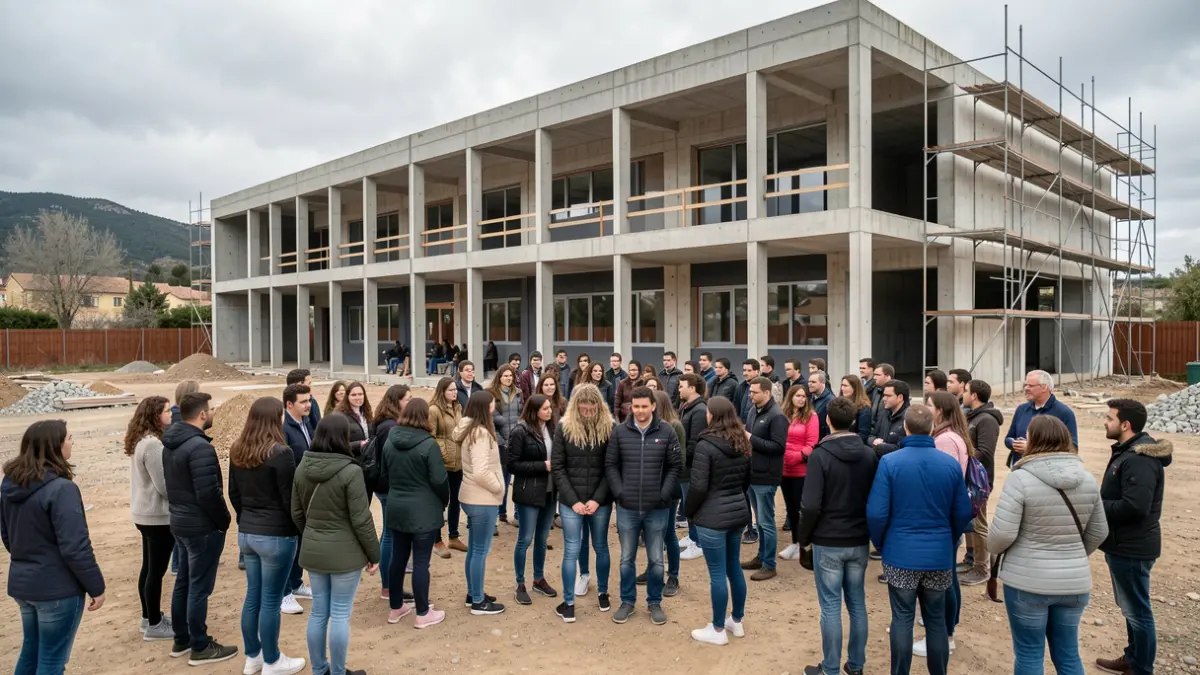 Generic image of a protest by students and parents in front of a school under construction.