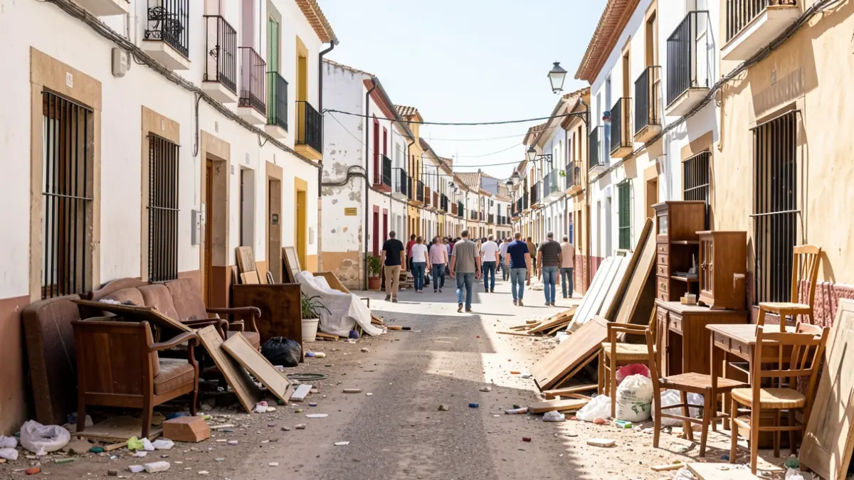 Image of debris and abandoned furniture on a street in Vícar.