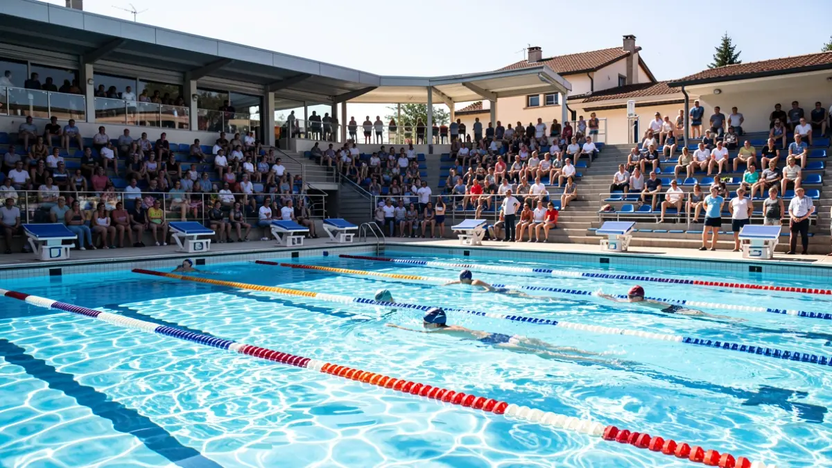 Municipal summer swimming pool with lane ropes set up for a competition.