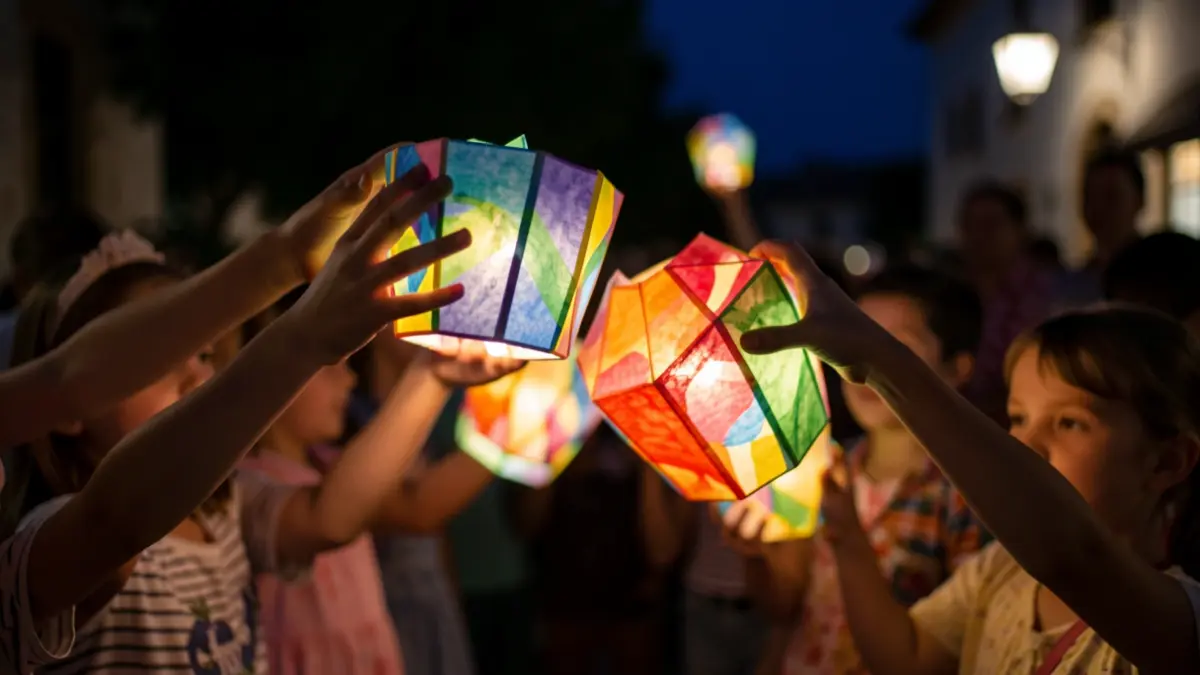 Manos de niños sosteniendo farolillos de papel hechos a mano con luz interior.