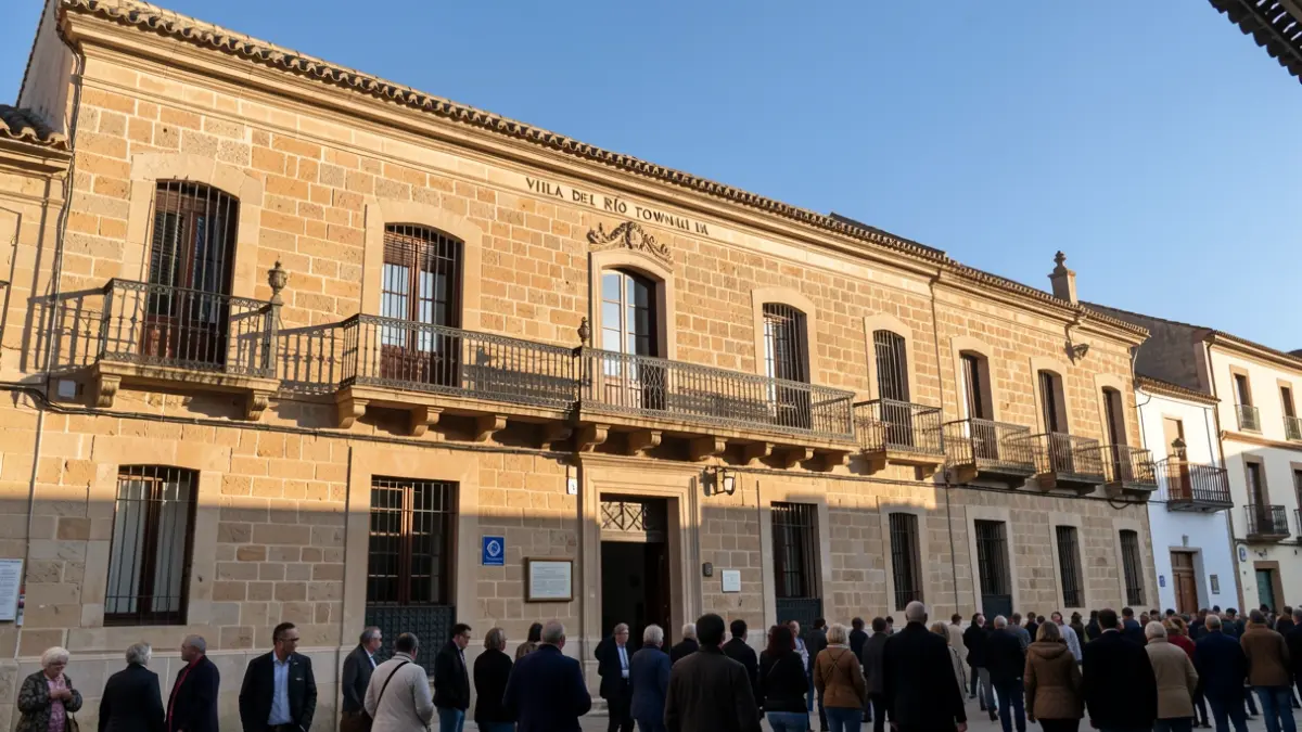 Fachada del Ayuntamiento de Villa del Río con balcón y luz de tarde.