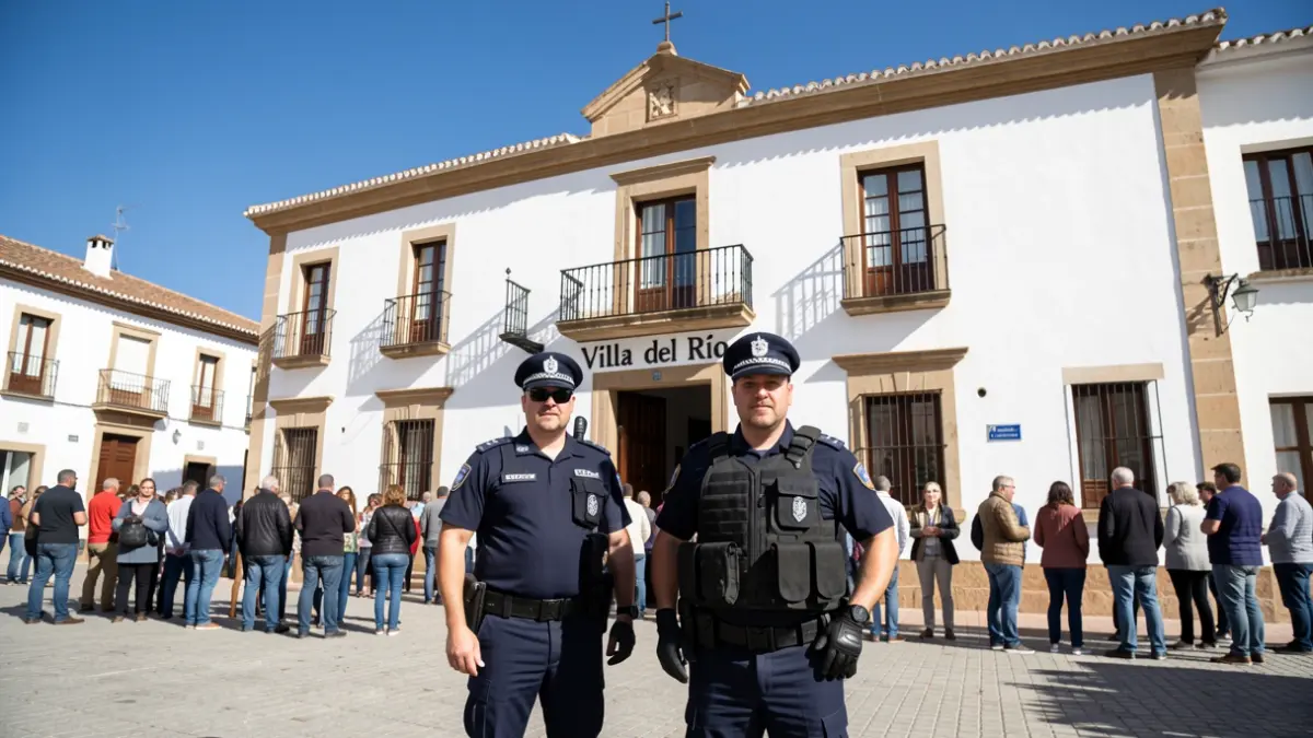 Two new police officers from Villa del Río, Gema and Carlos, pose in front of the Town Hall.