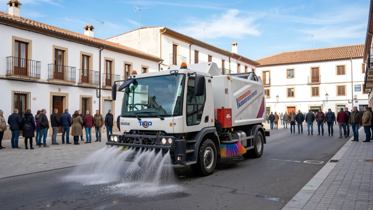 Vehículo de limpieza urbana trabajando en una plaza de Villa del Río.