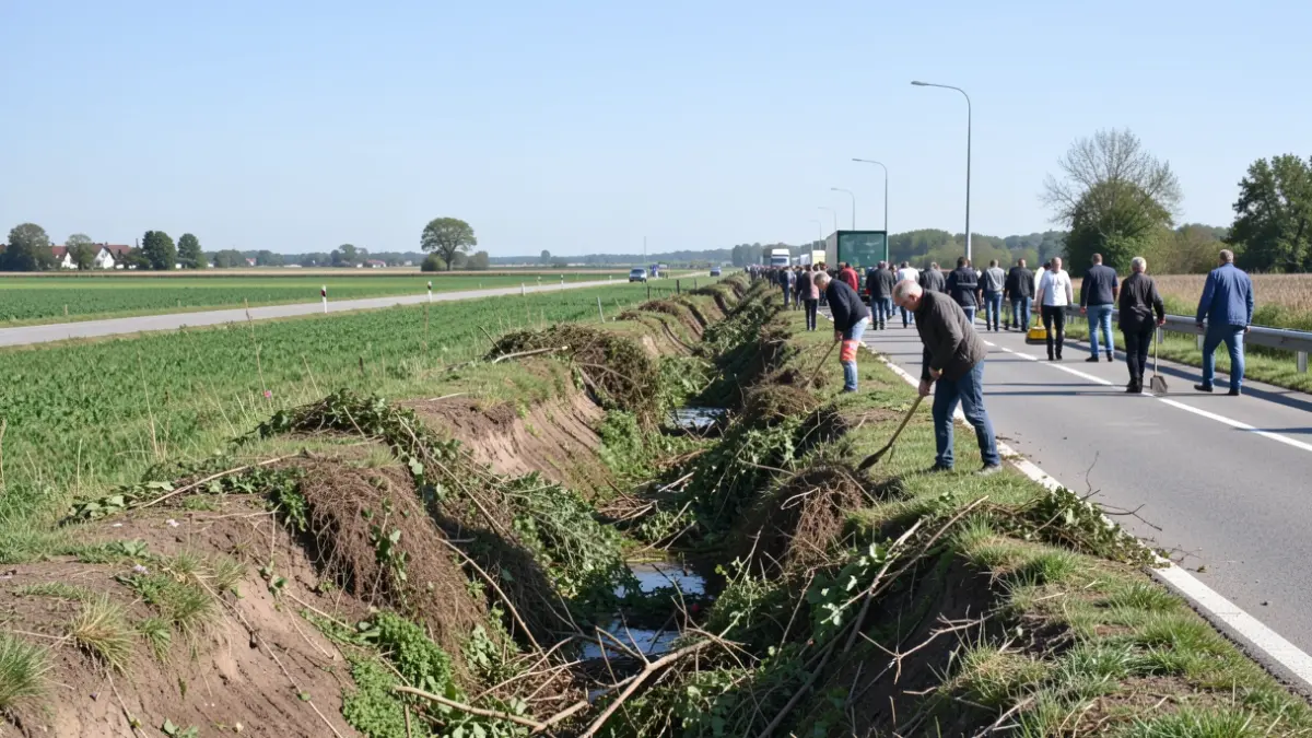 Workers clearing roadside ditches on a provincial road in Villa del Río.