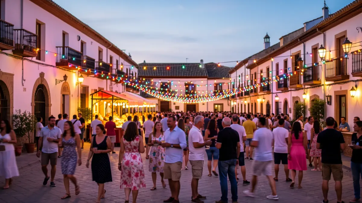 Plaza de un pueblo andaluz iluminada por luces de feria al atardecer.