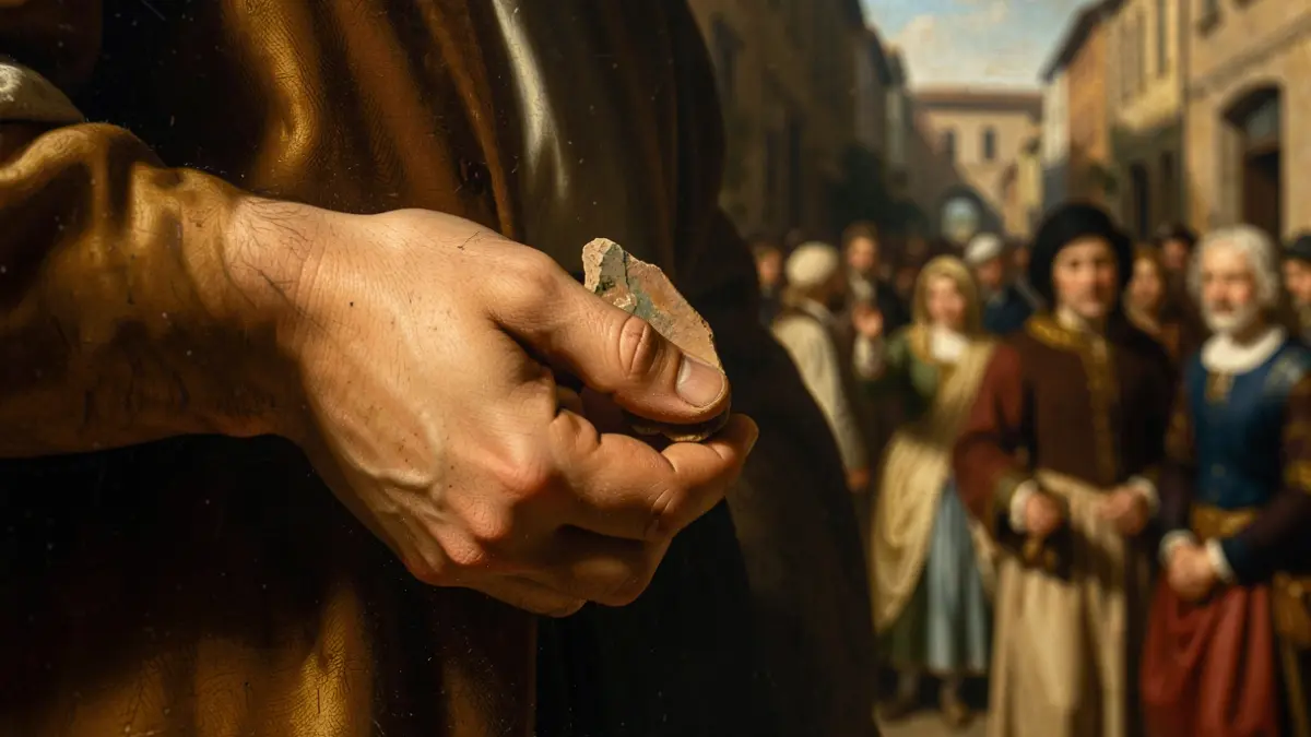 Detail of a Baroque Sevillian painting with dramatic lighting.