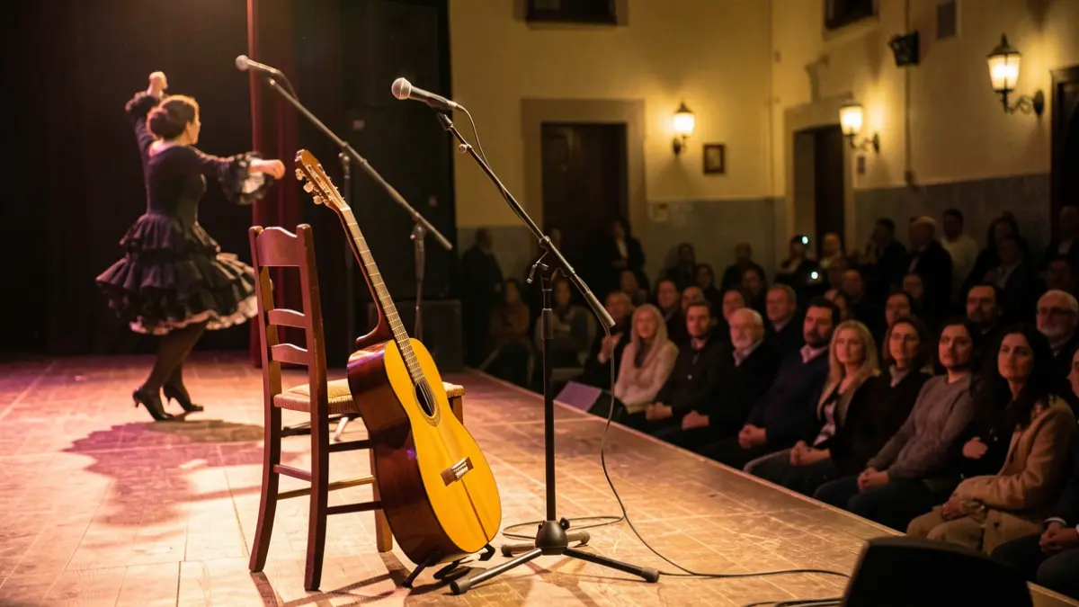 Escena de un escenario de flamenco con micrófono, guitarra y silueta de bailaora.