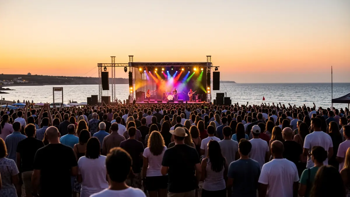 Escena de un festival de música al aire libre en Torre del Mar al atardecer, con público y escenario iluminado.