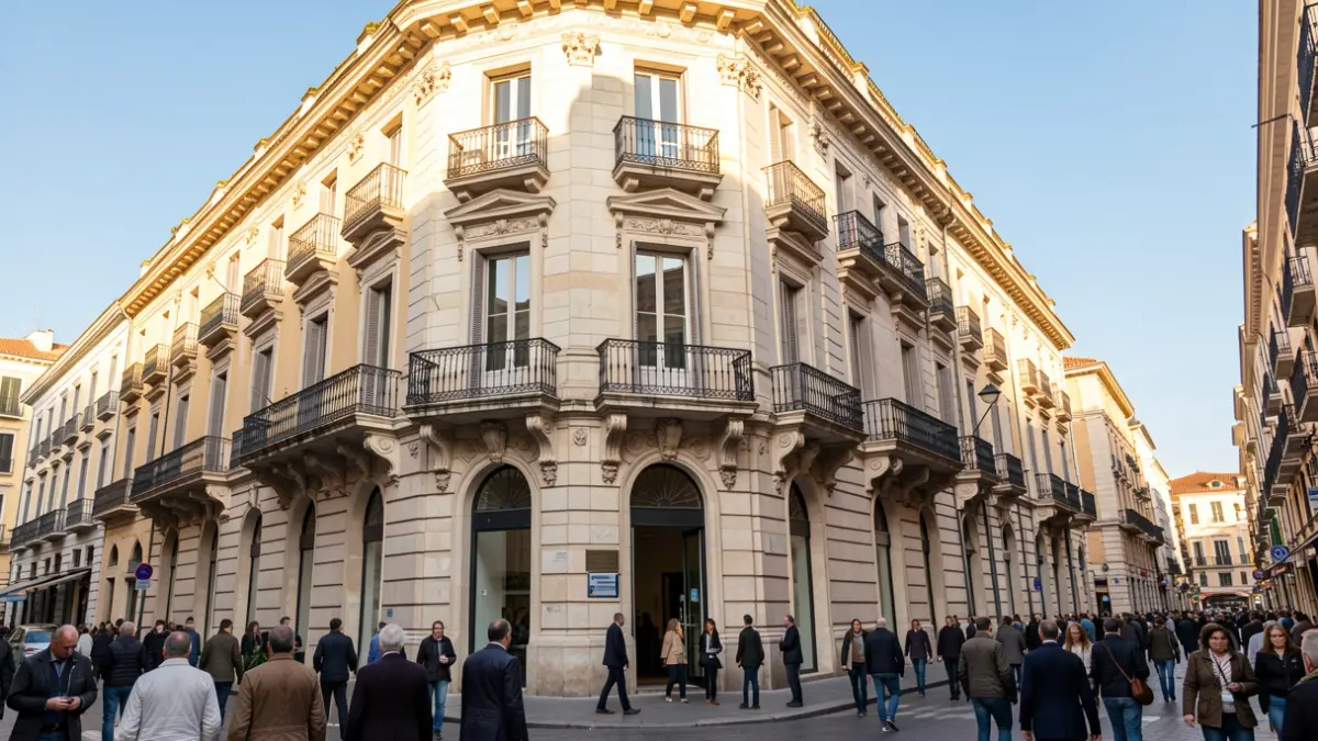 Fachada de un edificio institucional con arquitectura mediterránea bajo luz solar.