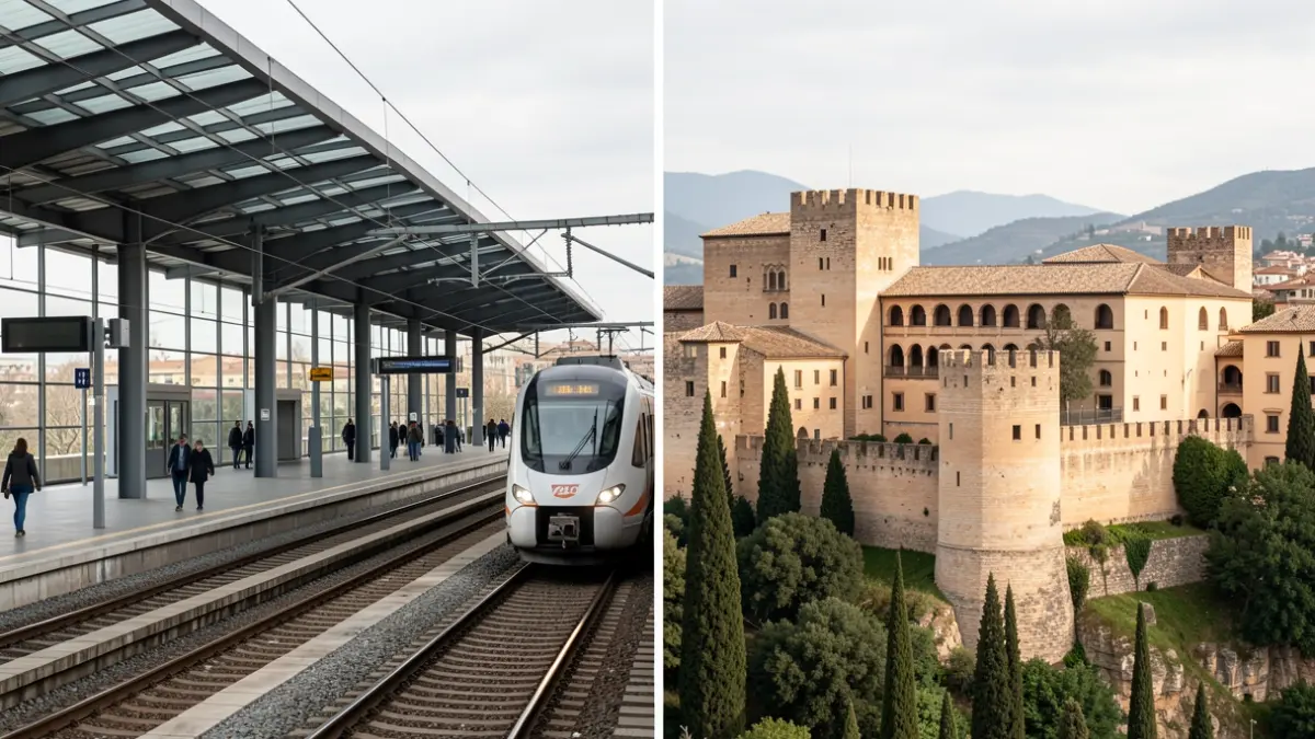 Comparative image of Zaragoza's train station and Granada's Alhambra.