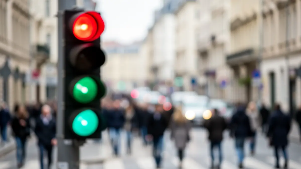 Generic image of traffic lights and a blurred urban street.