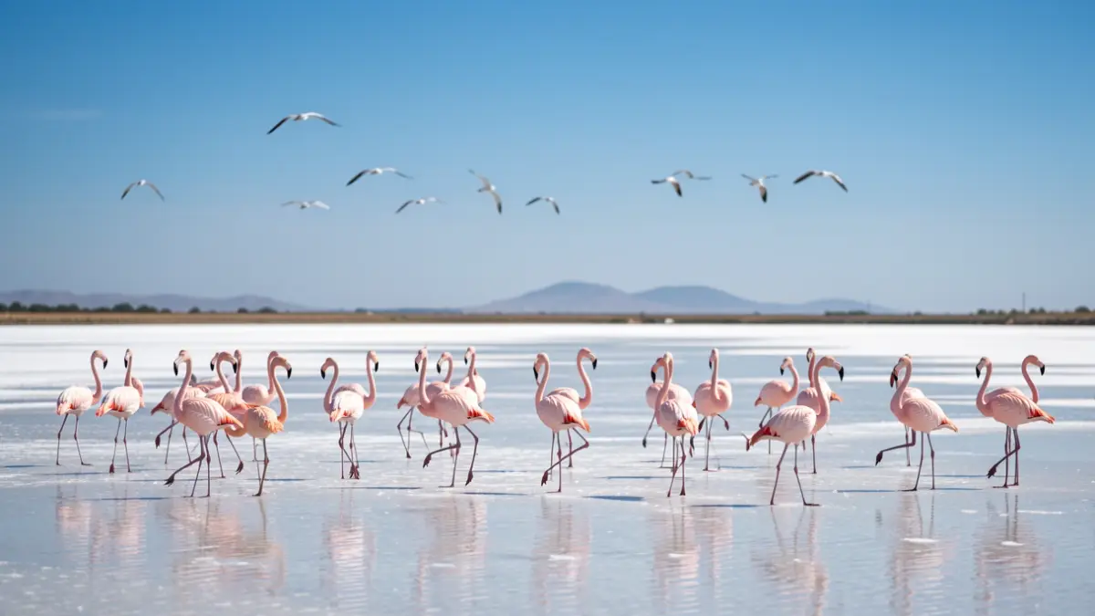 Flock of pink flamingos in the Fuente de Piedra Lagoon, Andalusia.
