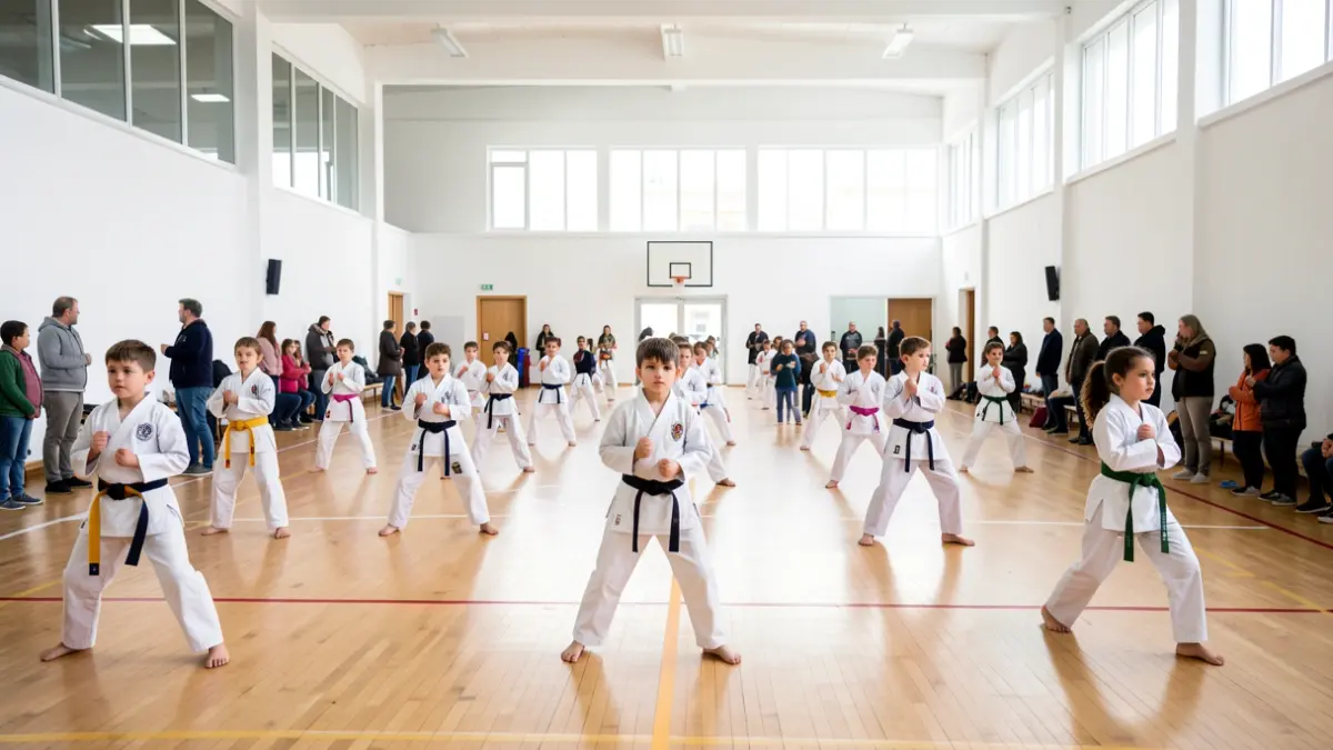 Imagen de niños practicando karate en un pabellón deportivo.