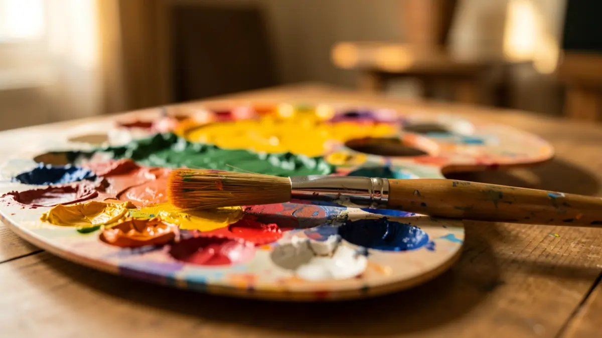 Primer plano de un pincel y una paleta con colores vibrantes sobre una mesa de madera.