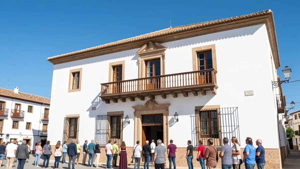 Fachada del Ayuntamiento de Belmez, edificio blanco tradicional andaluz con balcón.