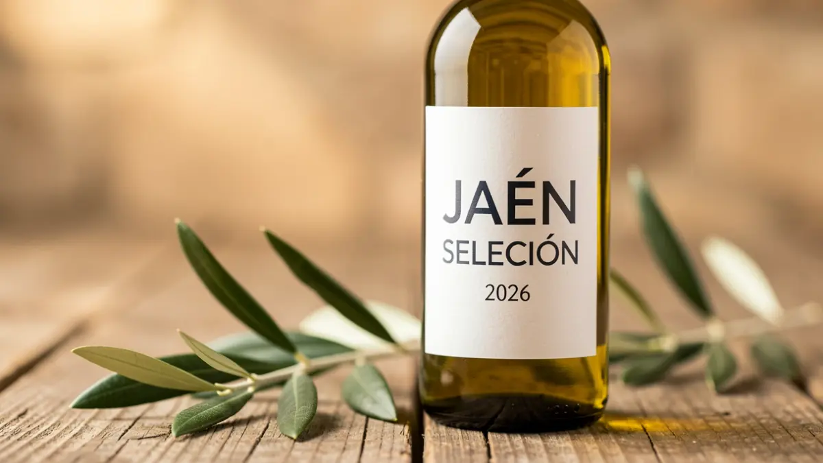 Botella de aceite de oliva virgen extra de la selección 'Jaén Selección 2026'.