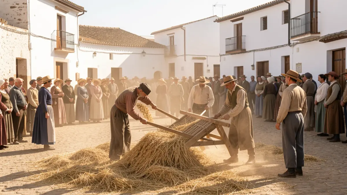 Recreation of the Threshing Festival in Abla, Almería, with participants using traditional tools.