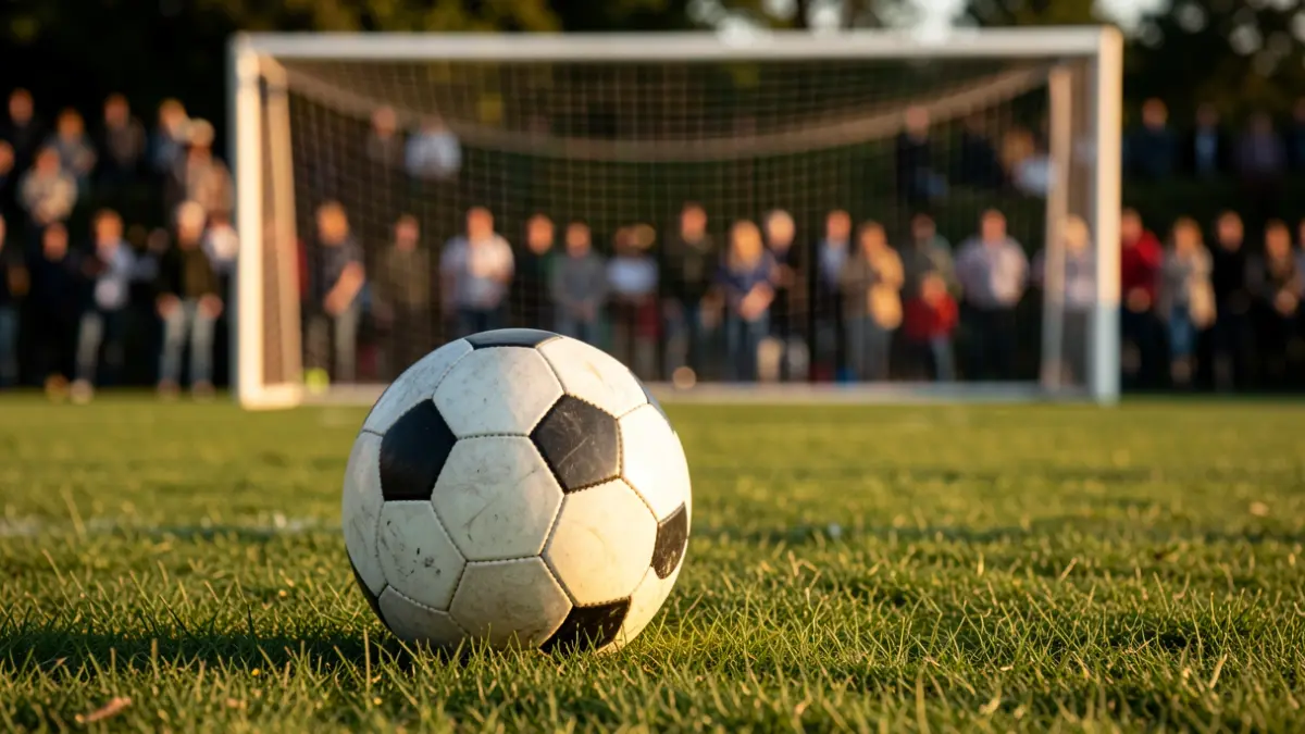 Imagen genérica de un balón de fútbol sobre césped con la red de la portería desenfocada.