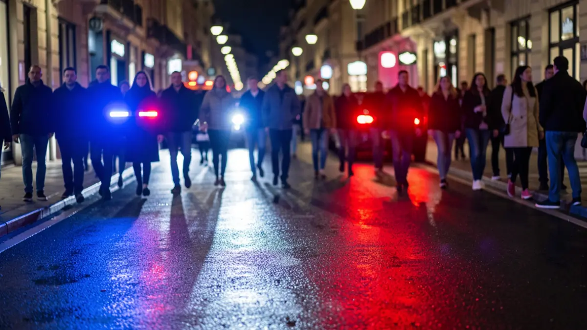 Imagen genérica de luces de emergencia policiales reflejando en asfalto mojado por la noche.