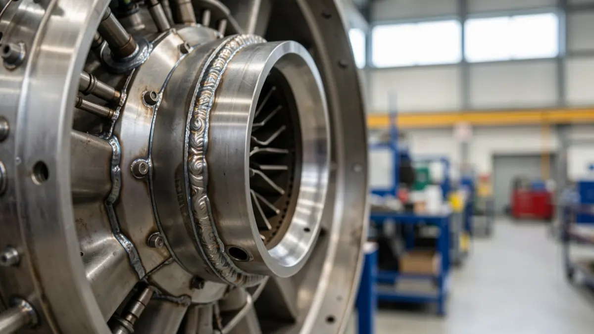 Close-up of complex metal components for aircraft engines, showing detailed welding and sheet metal work, with a subtle hint of a factory floor in the background.