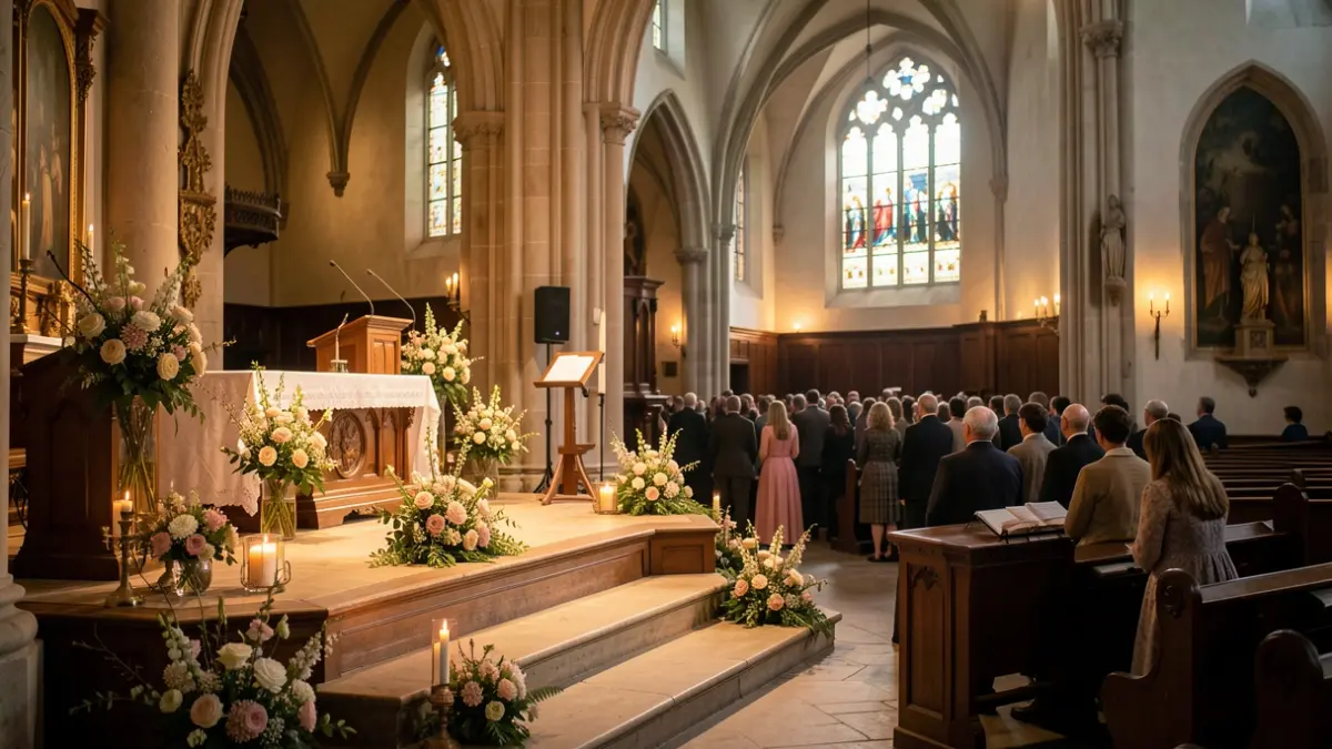 Escenario decorado con arreglos florales en el interior de una iglesia con iluminación ambiental.
