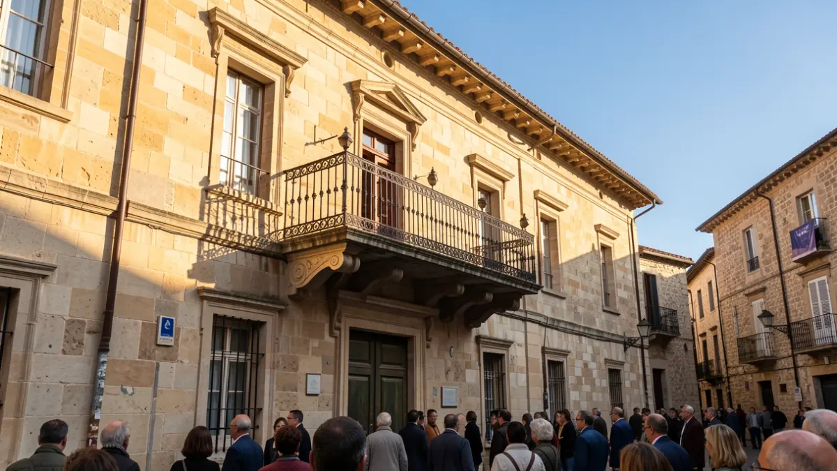 Fachada de un ayuntamiento andaluz con balcón y barandillas de hierro, luz de tarde cálida, cielo azul.