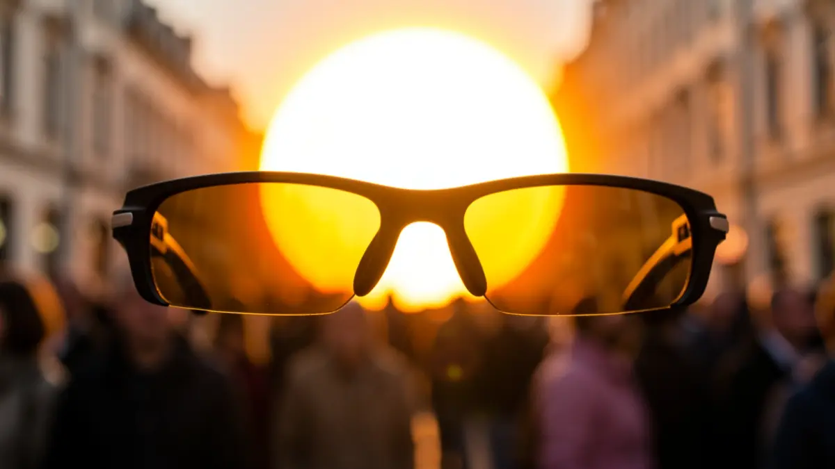 Specialized eclipse glasses with the sun behind them.