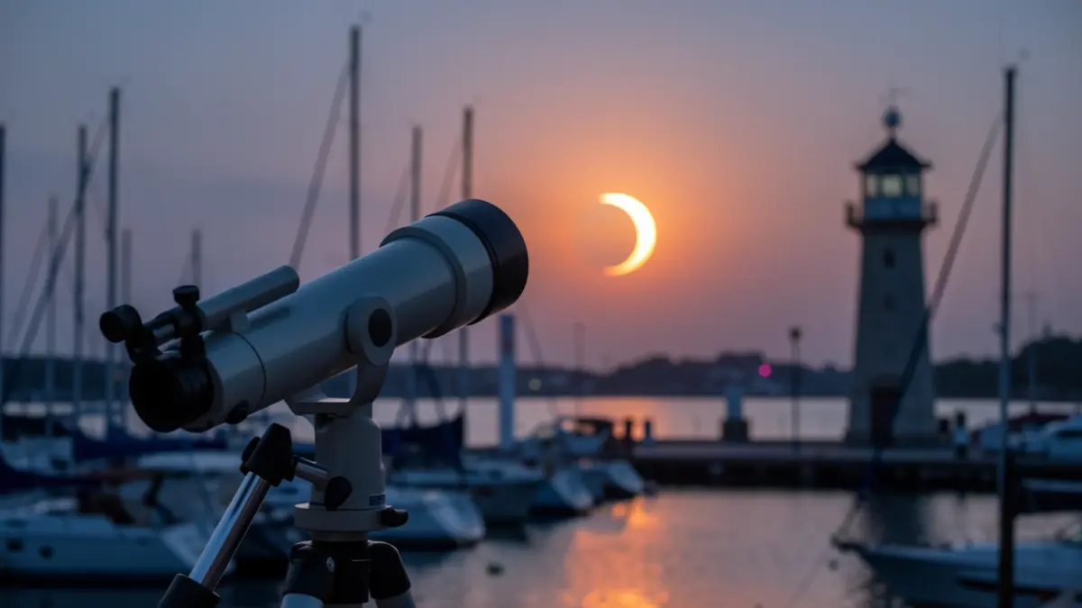 Imagen genérica de un telescopio observando un eclipse solar sobre una marina.