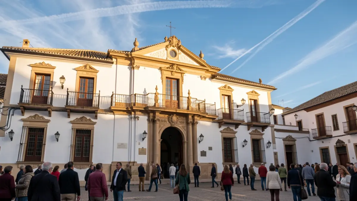 Facade of an Andalusian town hall with ornate balconies and white walls, under the afternoon sunlight.