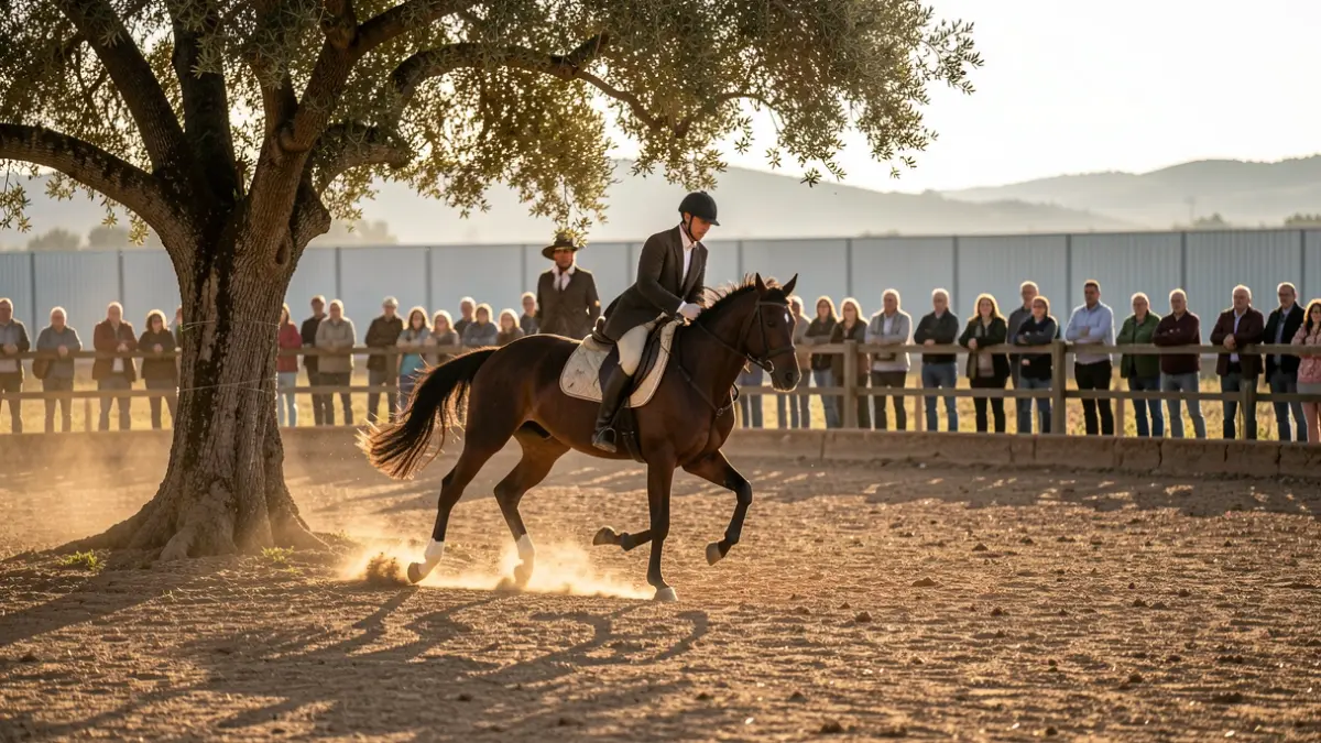 Pista de albero polvorienta en un entorno rural andaluz con un jinete y caballo realizando una maniobra de doma.