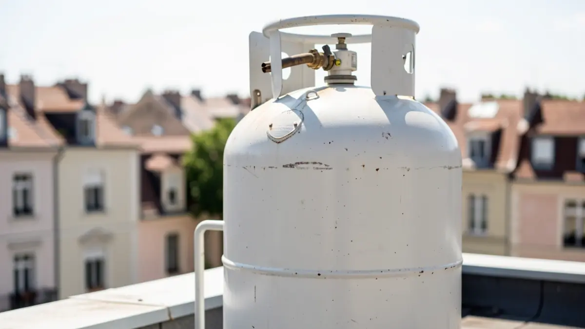 Propane tank on a rooftop under the intense sun.