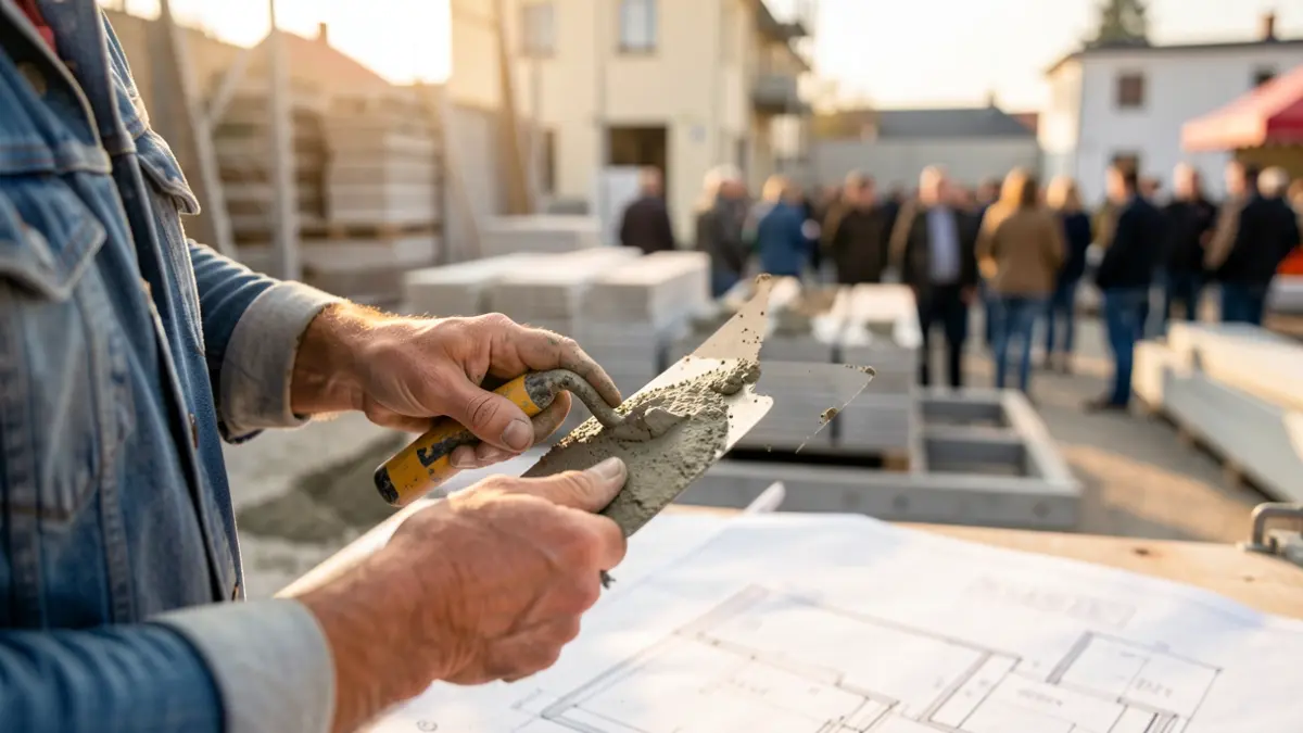 Hands of a construction worker with cement and blurred engineering plans.