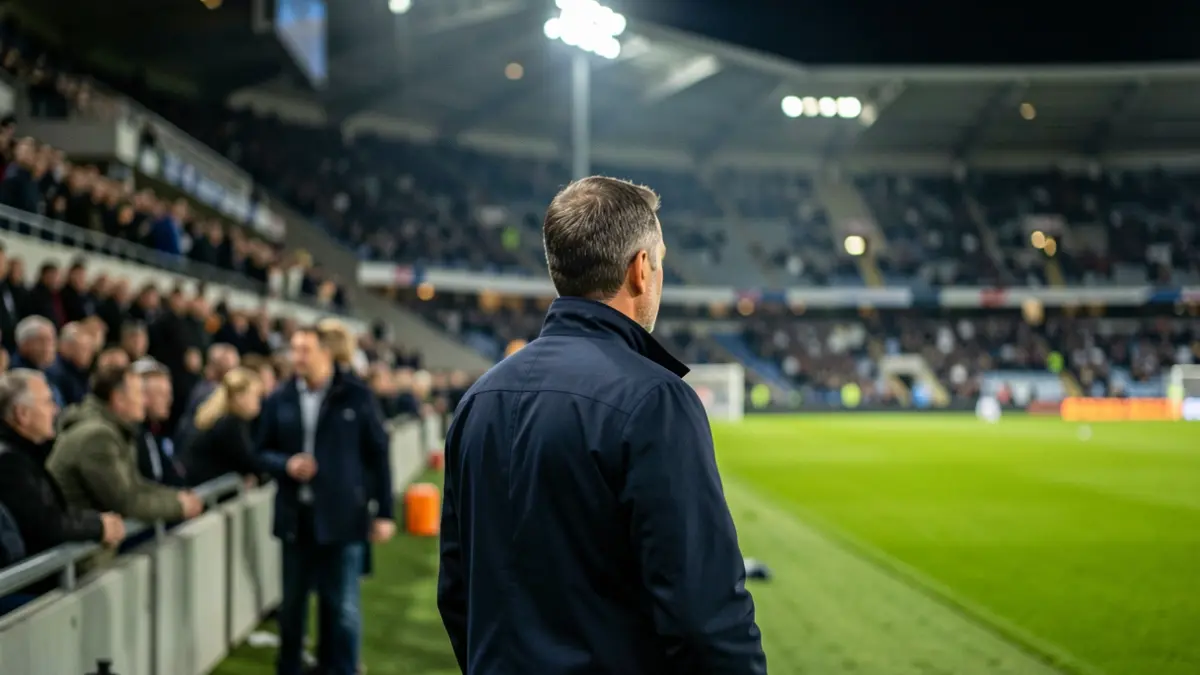 Generic image of a football coach on the sideline of an empty stadium.