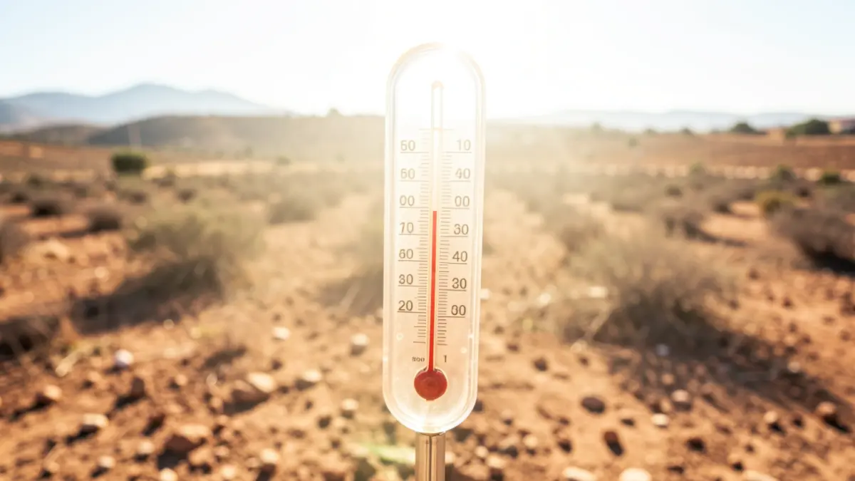 Thermometer showing high temperature in a dry, sunny landscape of Almería.