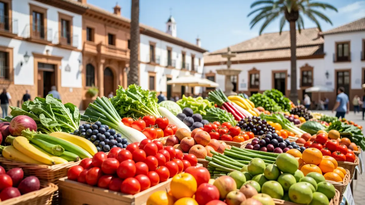 Generic image of a vegetable and fruit exhibition in an Andalusian square.