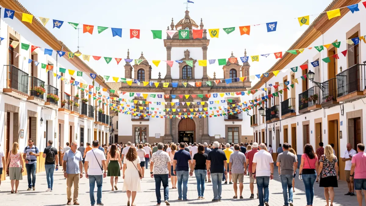 Andalusian town square decorated for a festival with the town hall in the background.