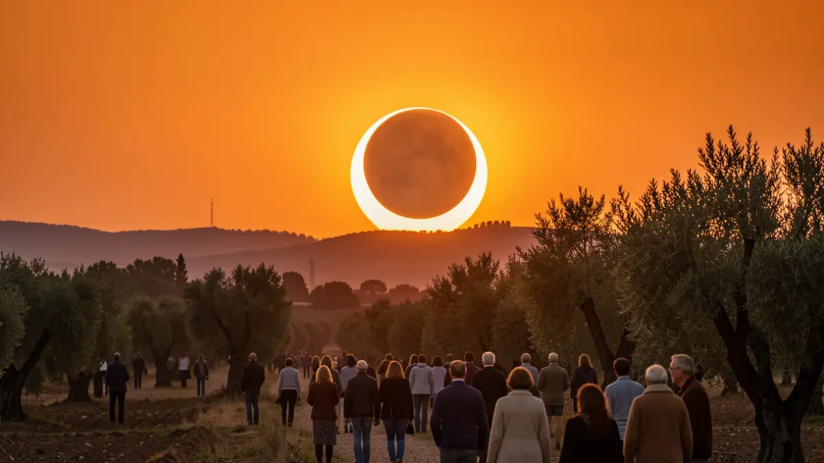 Image of a partial solar eclipse visible at sunset over a rural Andalusian landscape.
