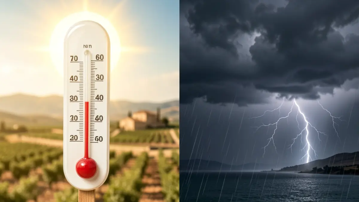 Split image showing high temperatures and storms in Andalusia.
