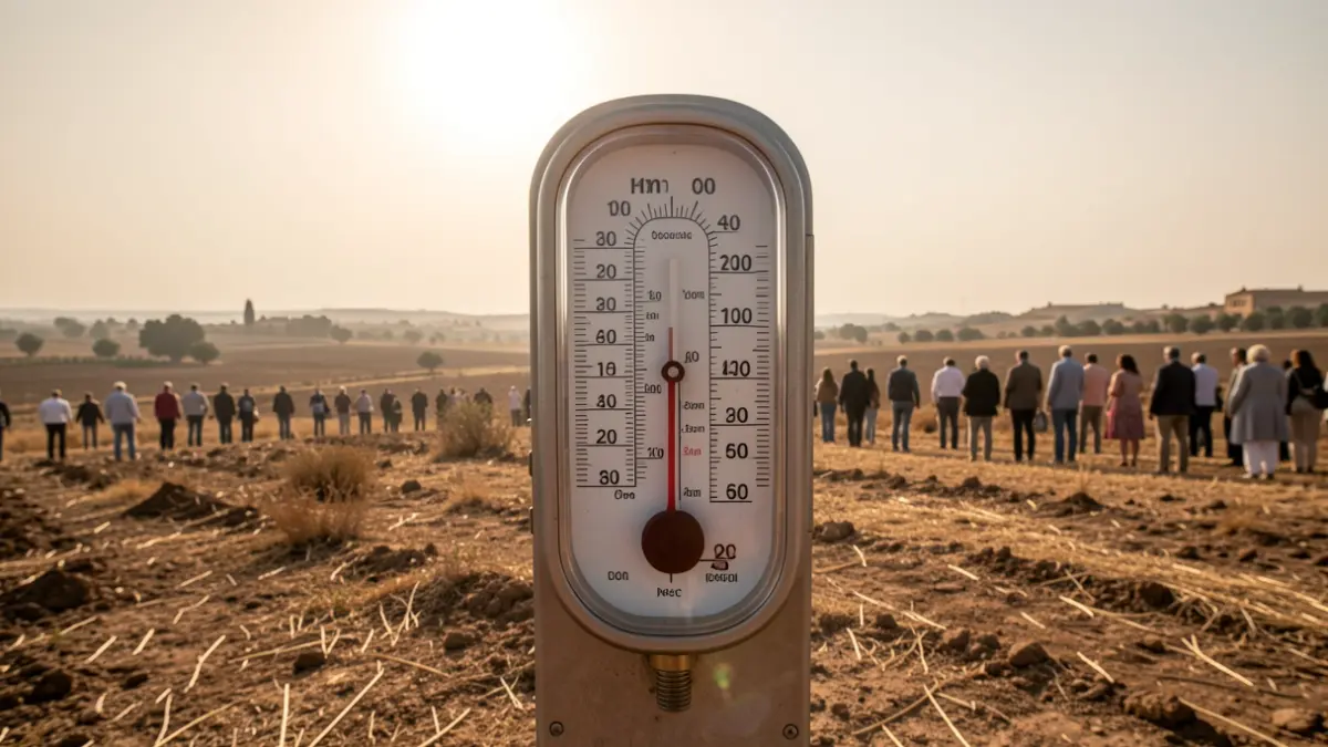 Termómetro mostrando temperaturas extremas en un paisaje seco y soleado de Andalucía.