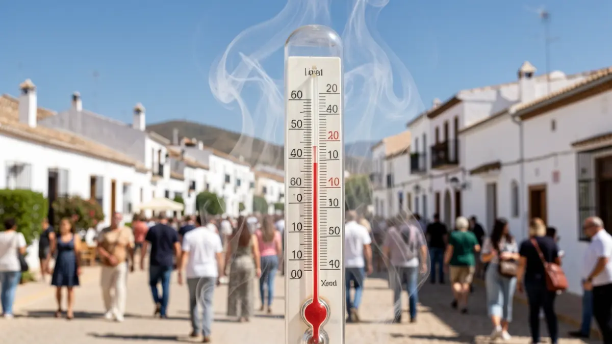 Imagen genérica de termómetro marcando alta temperatura con paisaje andaluz.