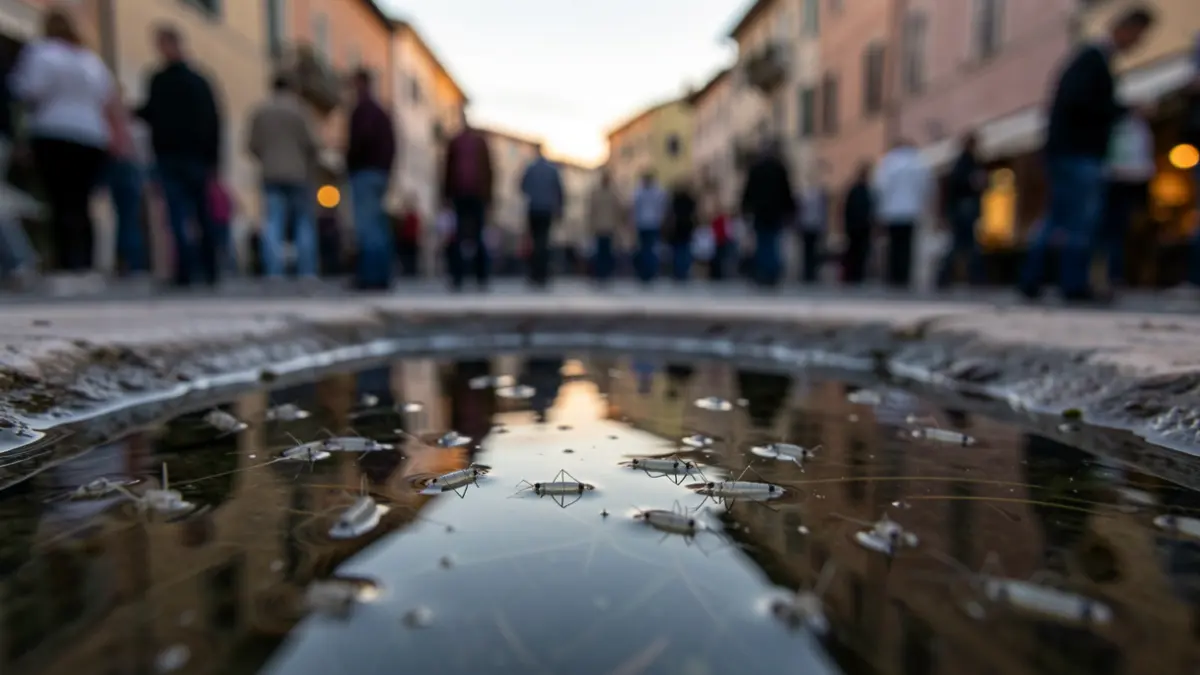 Primer plano de larvas de mosquito en agua estancada, con un fondo borroso de una plaza de pueblo mediterráneo al atardecer.
