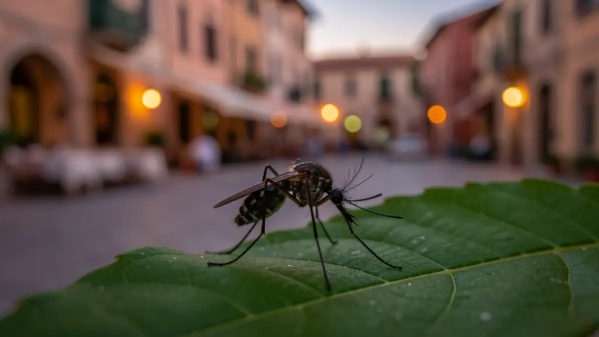 Mosquito en una hoja con un pueblo andaluz al fondo al atardecer.