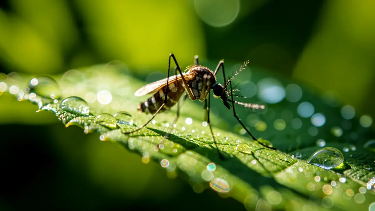 Close-up of a mosquito on a leaf with dew drops.