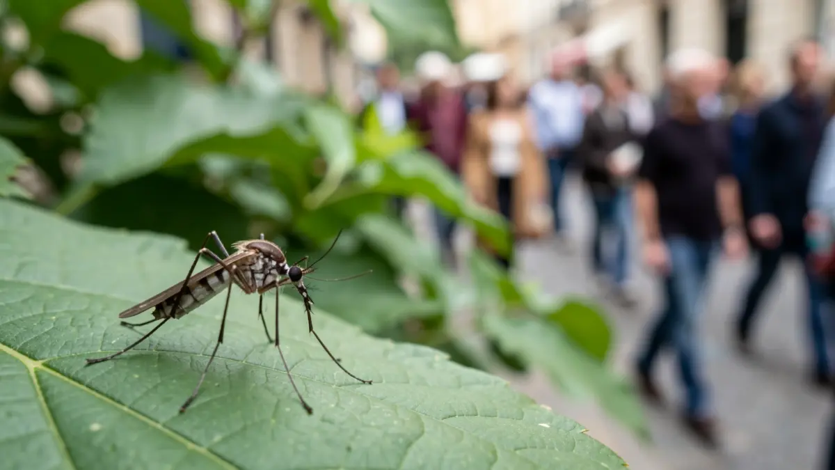 Close-up of a mosquito on a leaf.
