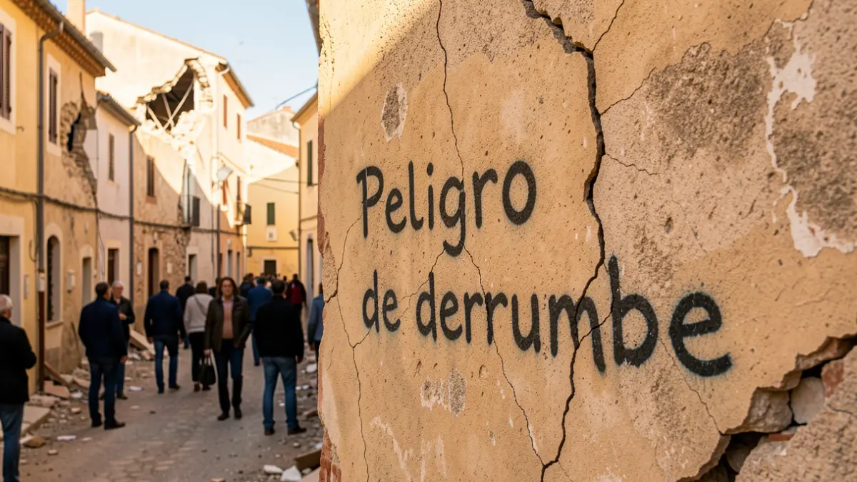 Pared agrietada con pintada de 'Peligro de derrumbe' en un edificio dañado por terremotos en Andalucía.