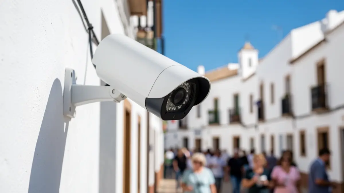 Cámara de videovigilancia instalada en la fachada de un edificio en Alfacar.