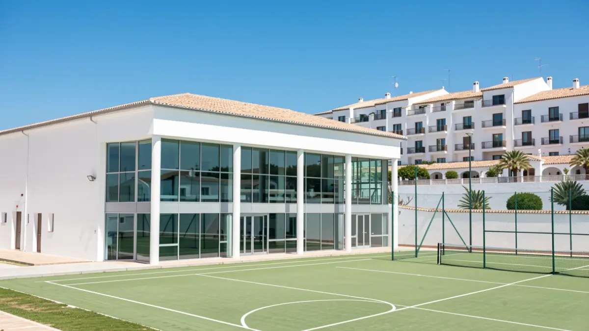 Nuevo pabellón polideportivo en Algar, Cádiz, junto a campo de fútbol y pistas de pádel.