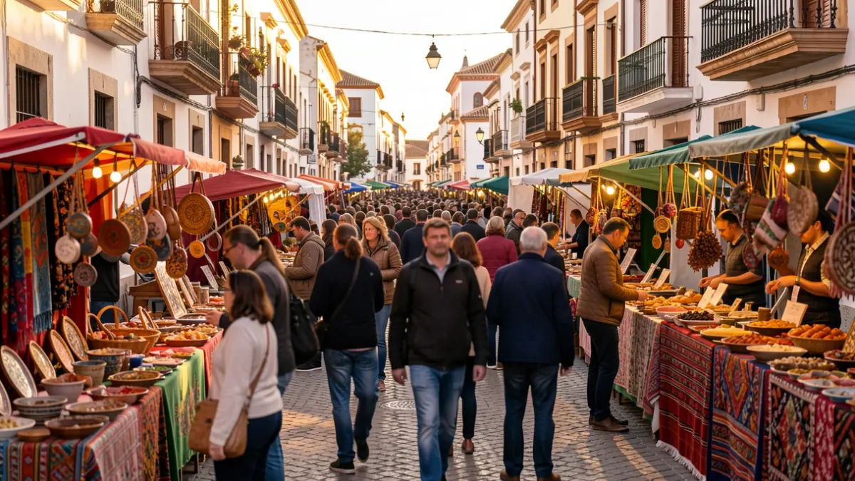 Image of the Algeciras Day celebration with craft stalls, gastronomy, and music in streets with Andalusian architecture.
