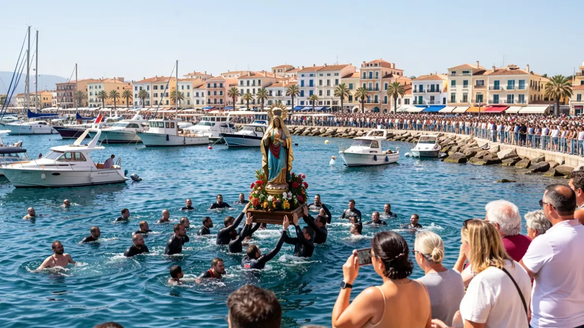 Imagen de la Romería Marítima de la Virgen de La Palma en Algeciras, con buzos sacando la imagen del mar.